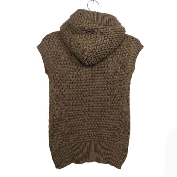 Zara Knitwear Woman Brown Hooded Sweater Vest Faux Fur Pockets Button Front S - Picture 2 of 9